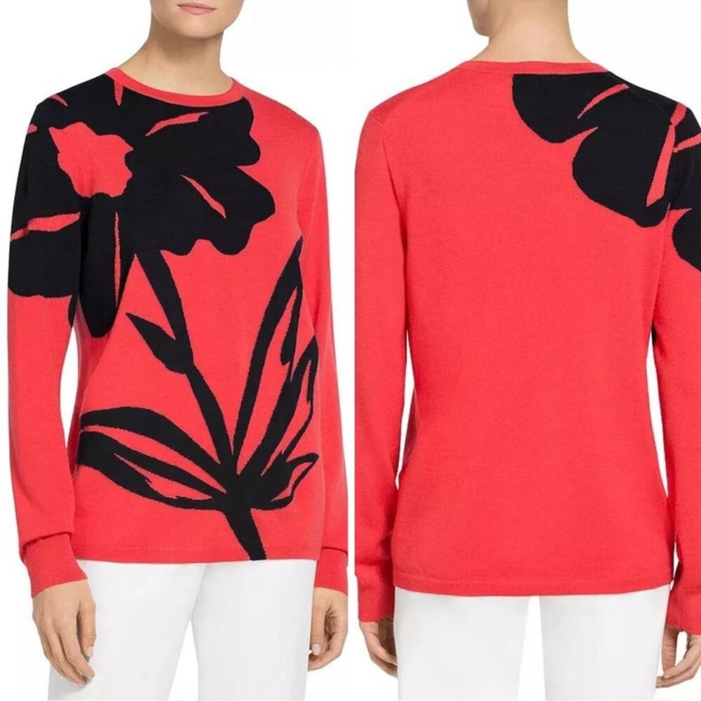 St. John Oversized Floral Intarsia Knit Wool Sweater In Apple Navy XL like NEW‎ - Picture 3 of 14